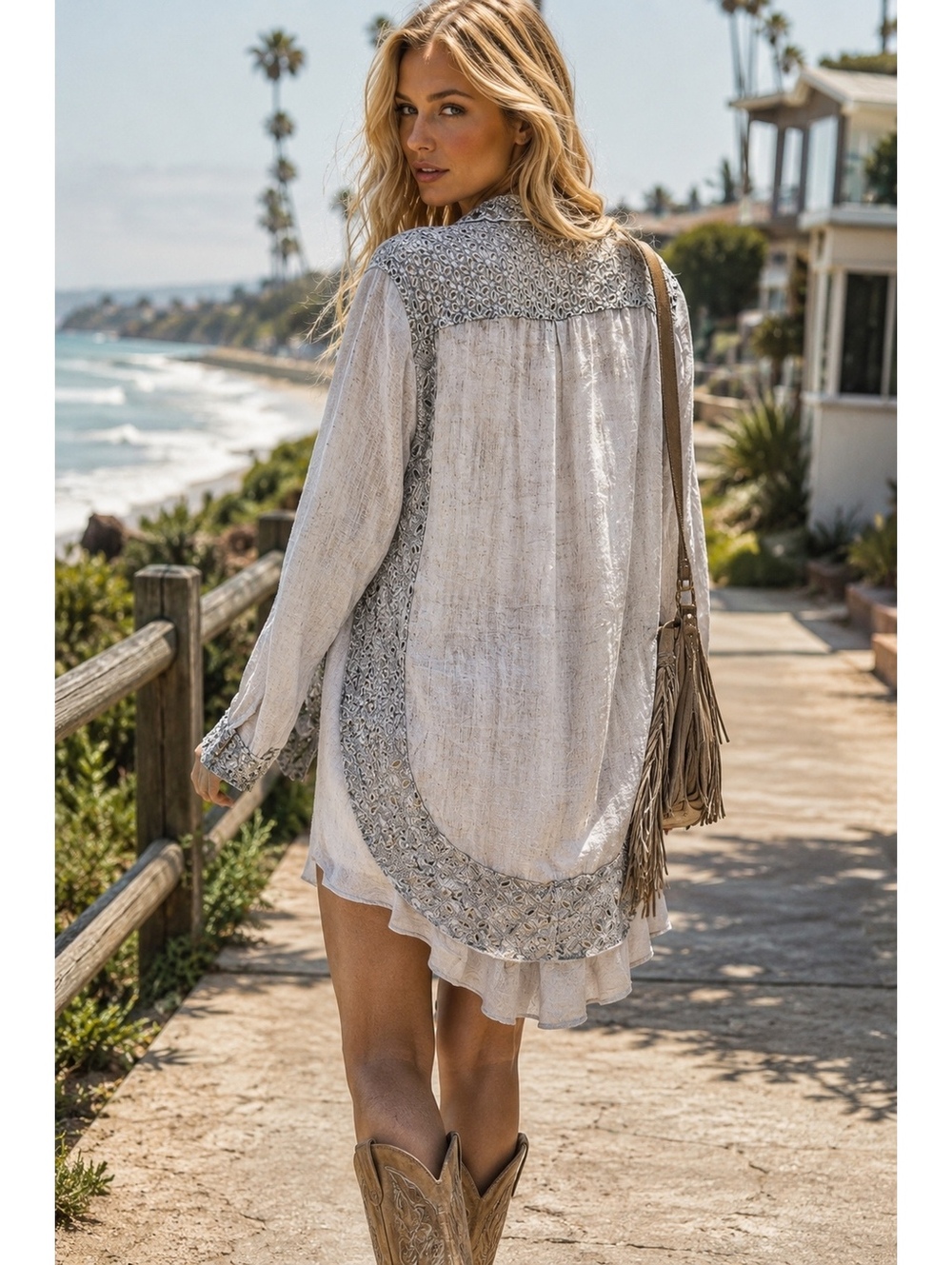 Kamana Women’s Embroidered Lace Boho Tunic Shirt Gray Large